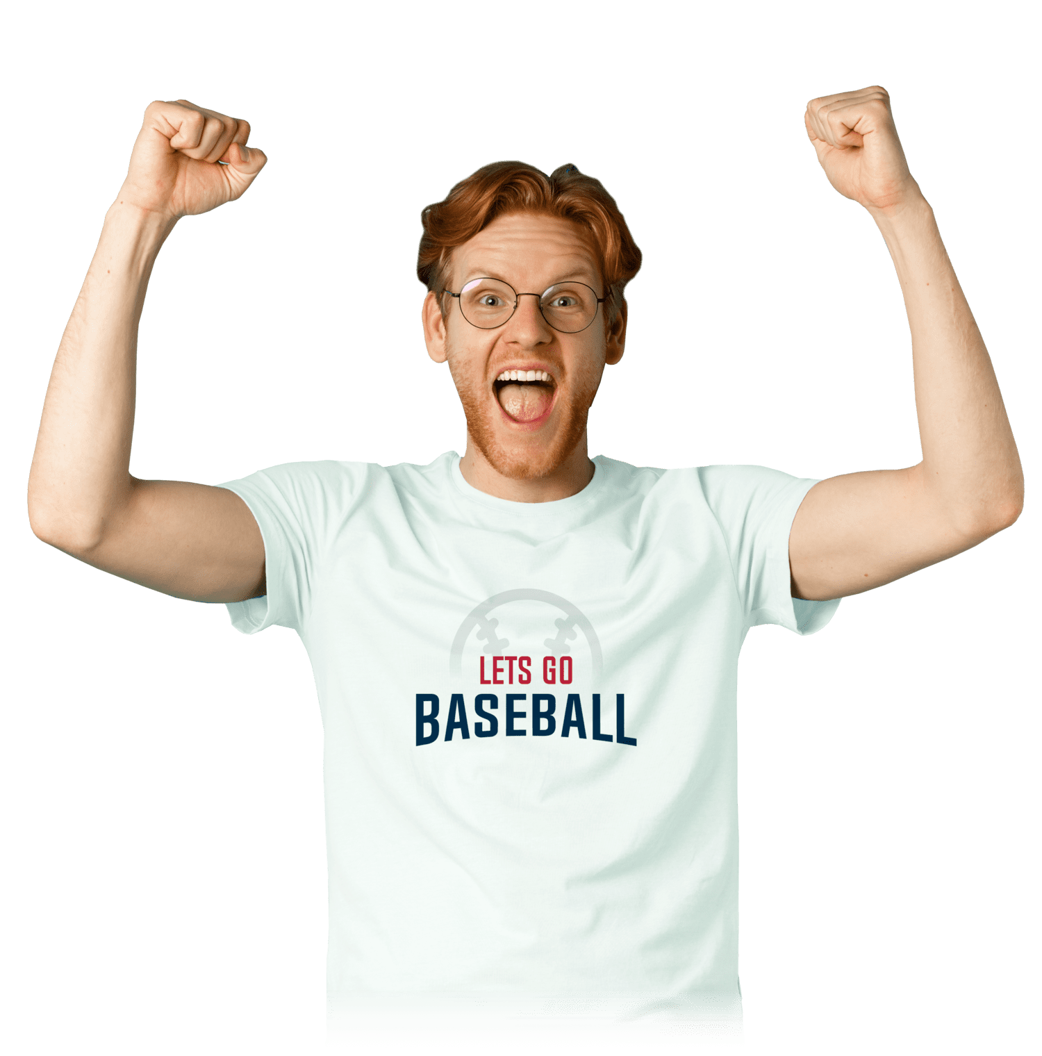 Happily wearing a Let's Go Baseball T-shirt - Let's Go Sports