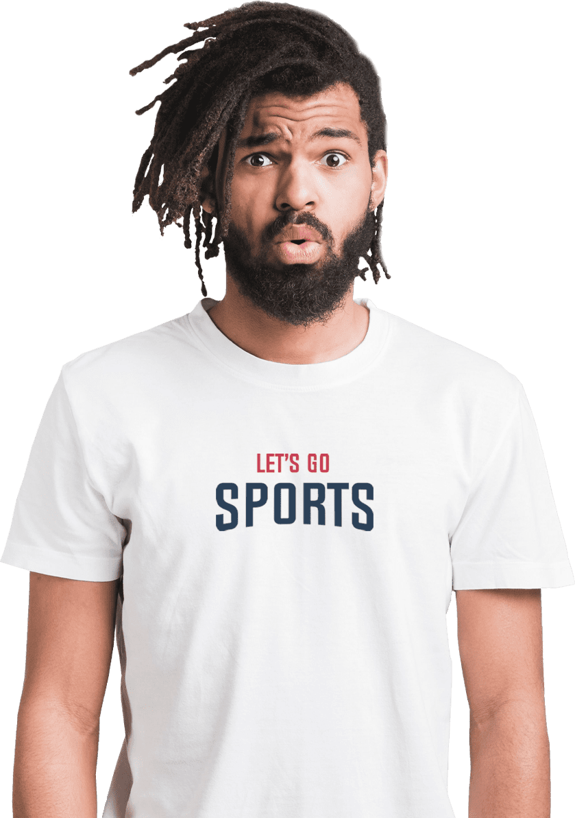 Man excited to wear a Let's Go Sports T-shirt - Let's Go Sports